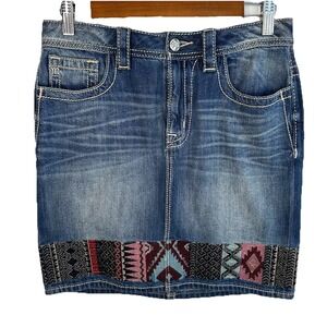 Miss Me High-Rise‎ Denim Skirt Womens Size 28 Southwest Aztec Embroidery Pockets